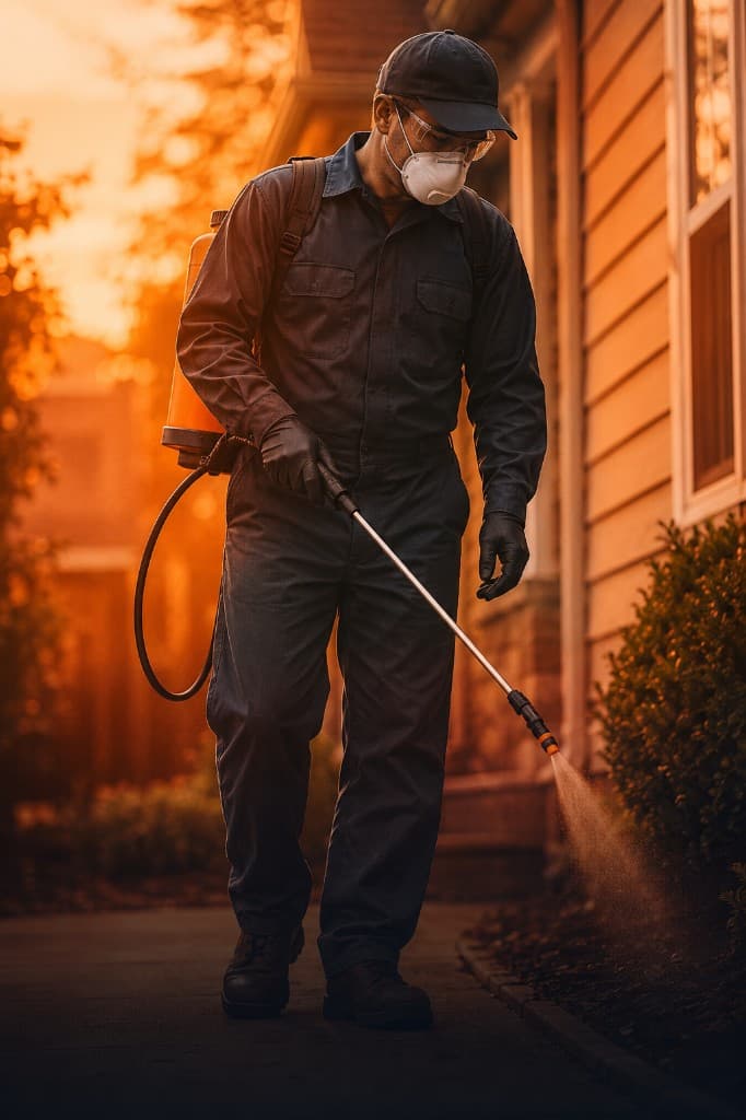Pest control technician treating the exterior of a residential home