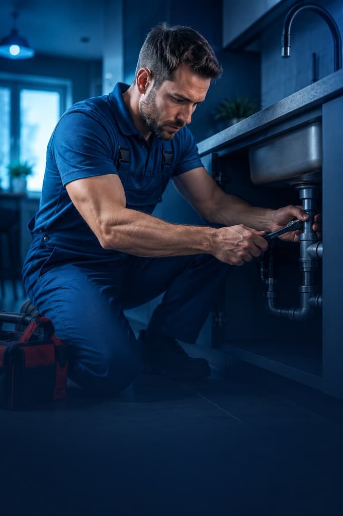 Professional plumber working on residential water heater and copper pipes