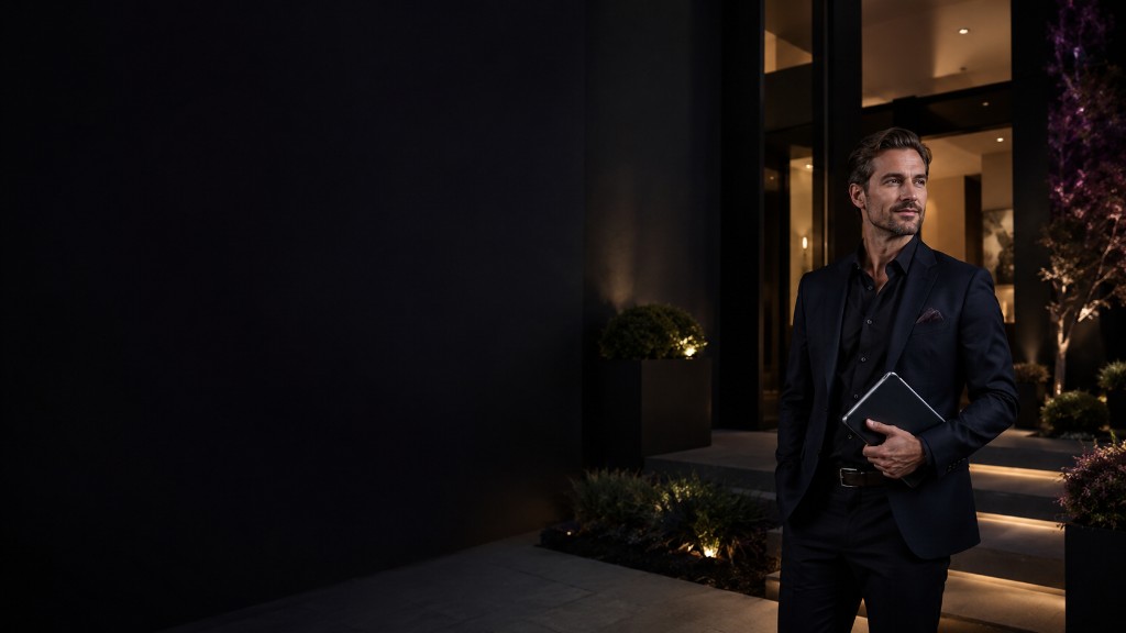 Real estate agent reviewing listings on a tablet at a luxury property